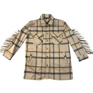 Fore Tan M Plaid Fringe Button-Up Jacket Pockets Western Outdoor Indie Cozy Soft